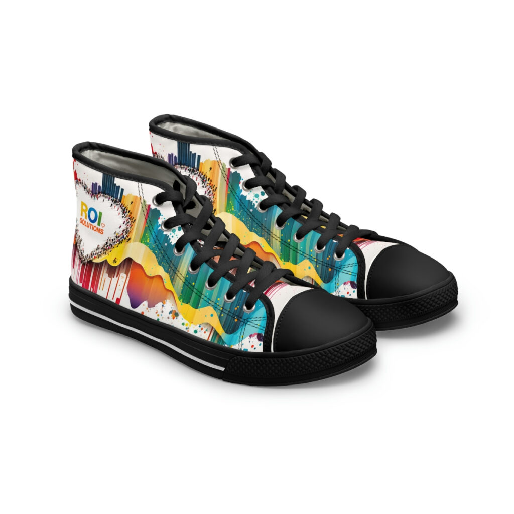 Pair of black-soled canvas high-tops angled together, rainbow streak prints running from toe bumper to collar.