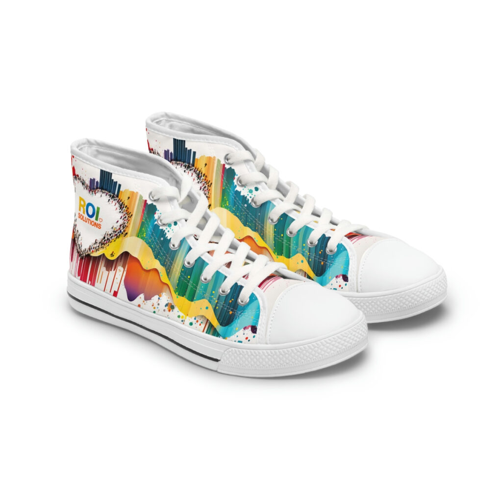 Pair of white-soled high-tops with white laces, the crowd heart print bright across both quarters.
