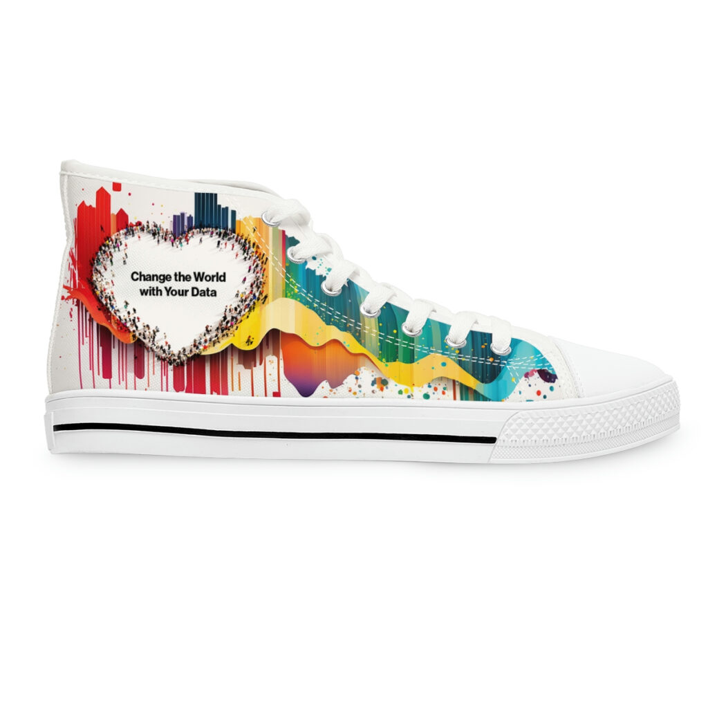 White-soled canvas high-top in profile, the crowd heart and brand promise over red paint drips.