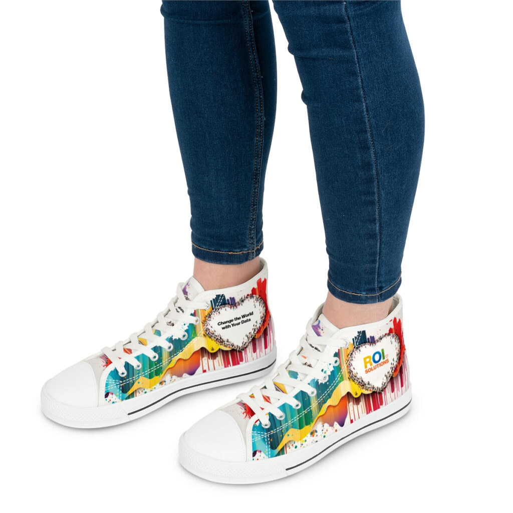 Model in skinny jeans steps forward in the white-soled crowd-heart high-tops, the prints facing outward.