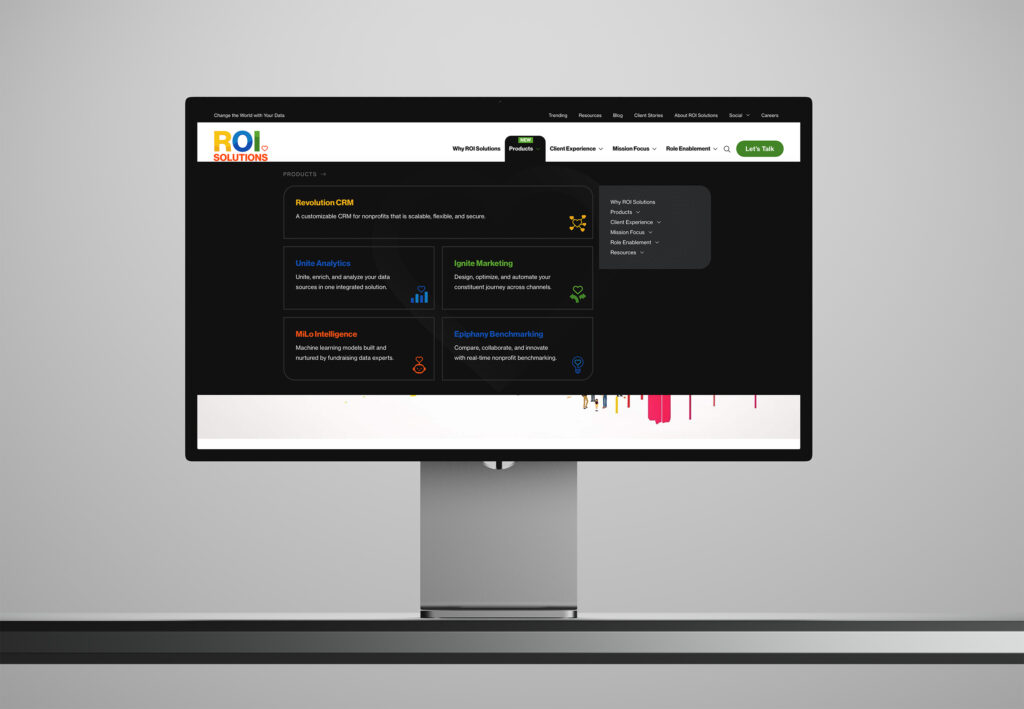 Studio display showing the dark products mega menu, five product entries with icons above the paint-drip page edge.
