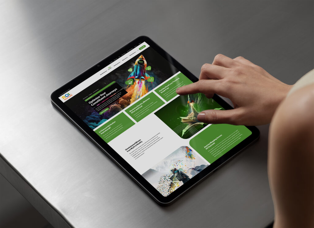 Finger taps the Ignite Marketing page on a tablet, the painted rocket hero above green capability panels.
