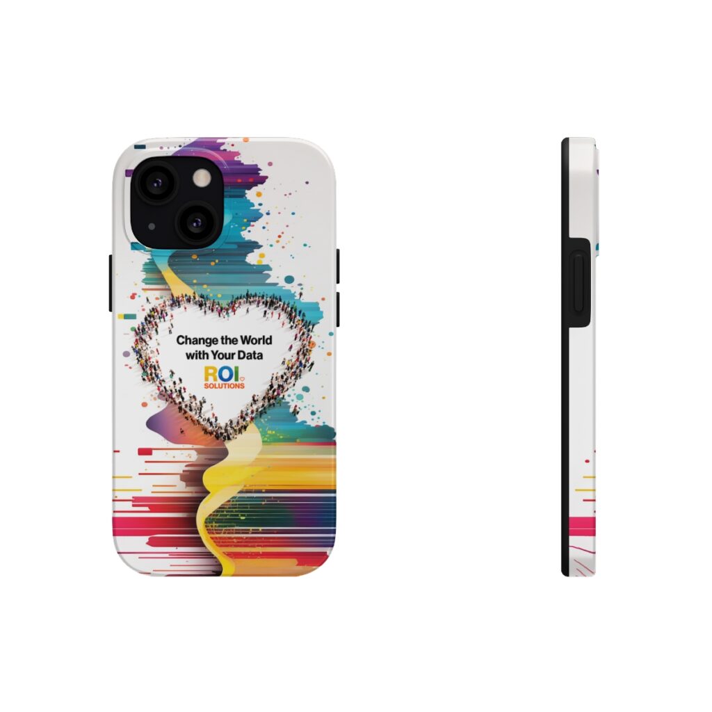 White phone case printed with the crowd heart, brand promise, and logo over rainbow paint streaks, shown with side profile.