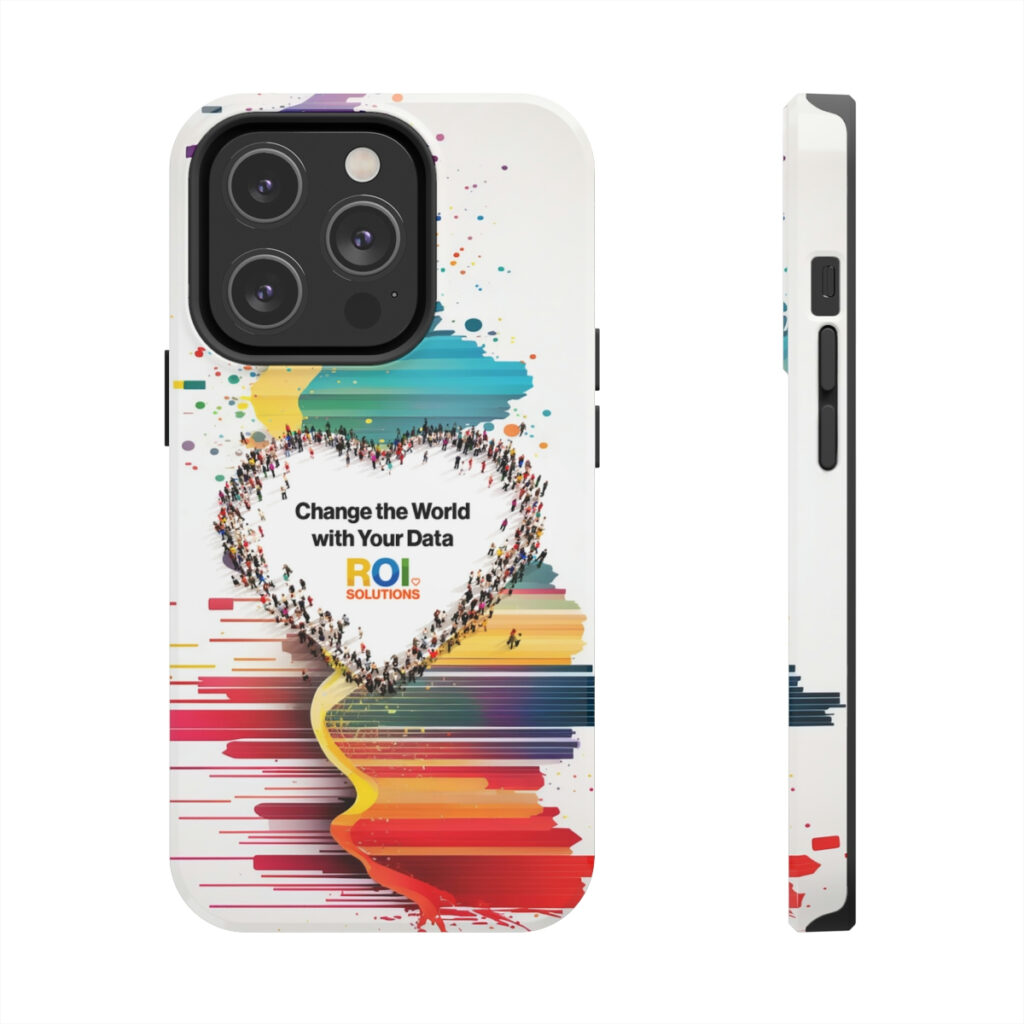 Pro phone case face-on with triple camera, the crowd heart centered over the rainbow paint field.