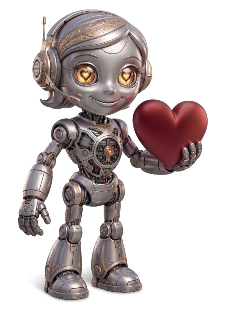 Silver Maria character with headset, engraved hairline, and heart-lens eyes offering a red heart in one hand.