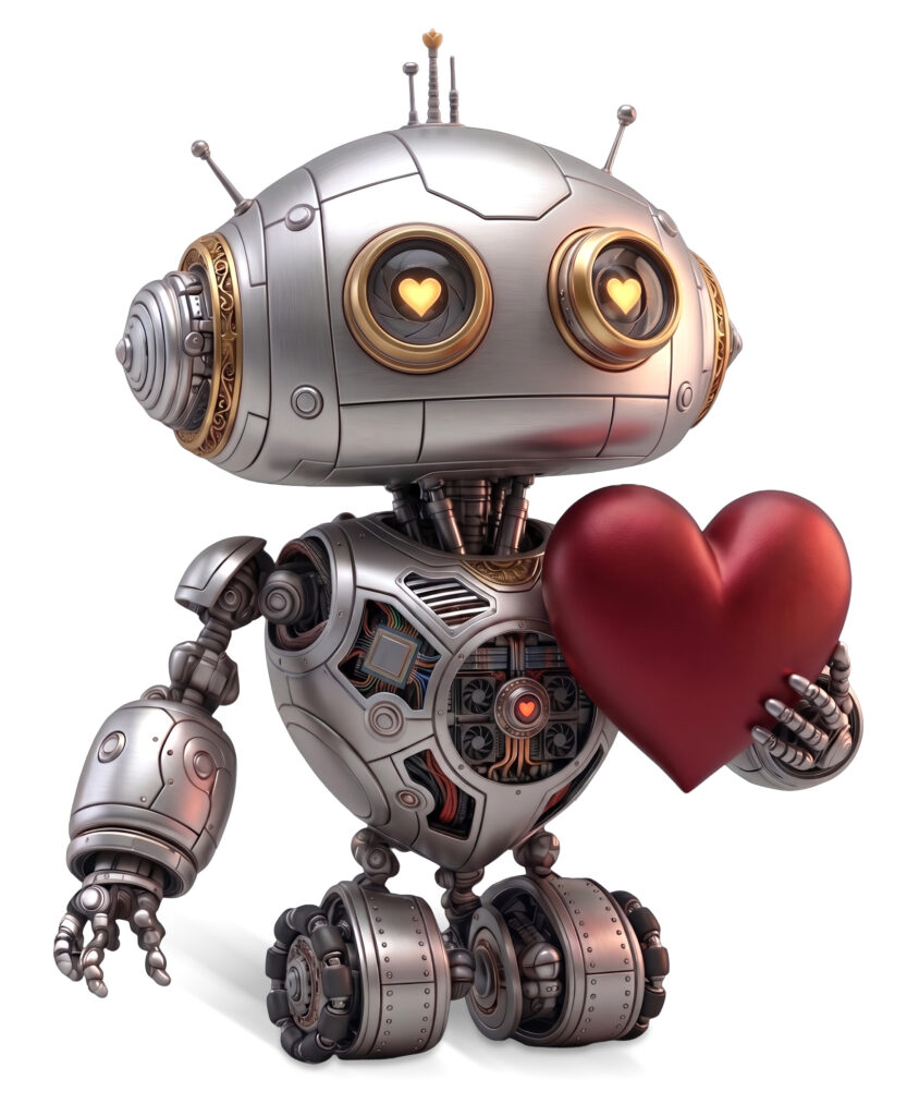 Redesigned silver Milo robot with heart-lens eyes and exposed circuitry cradling a large red heart, wheels for feet.