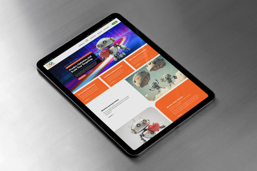 Tablet showing the MiLo Intelligence page, light-trail hero above orange panels and robot illustrations down the layout.