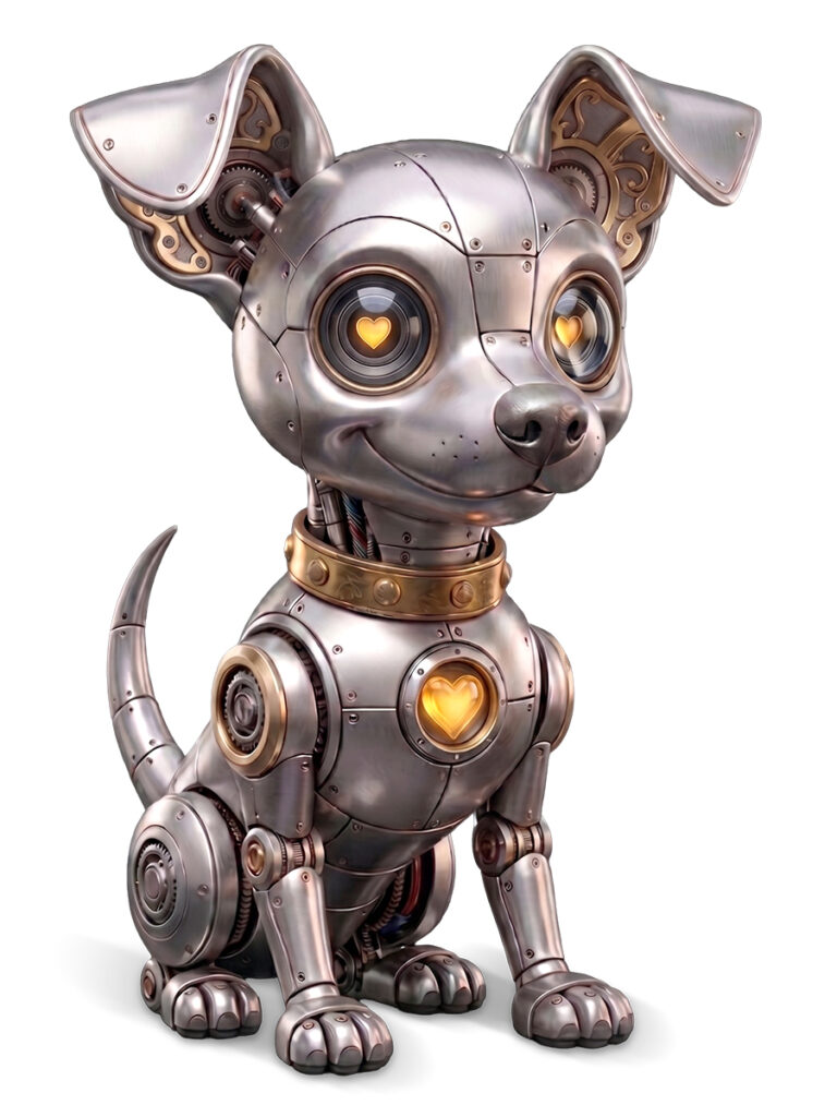 Silver robotic dog Moxie with folded ear, gold collar, heart-lens eyes, and a glowing heart in its chest.