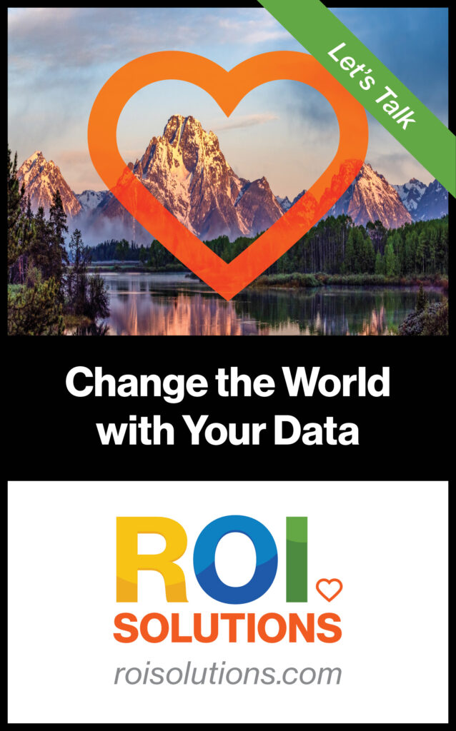 Lets Talk ad framing snowcapped mountains and a lake inside the orange heart outline above the logo.
