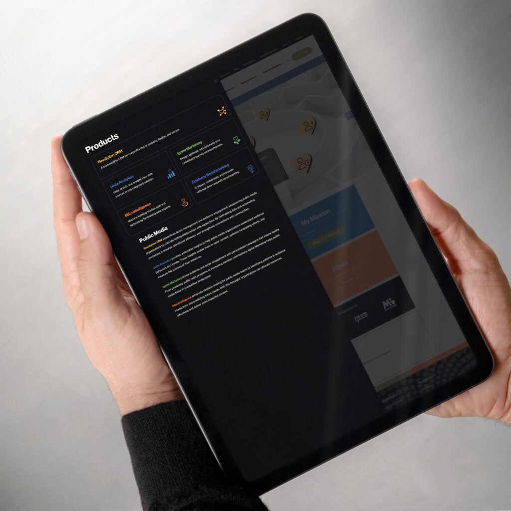 Tablet showing the dark products mega menu personalized for public media, five product links above sector copy.