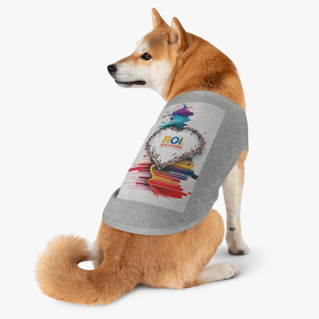 Shiba Inu wearing the heather gray pet tank, the crowd heart print centered on its back.