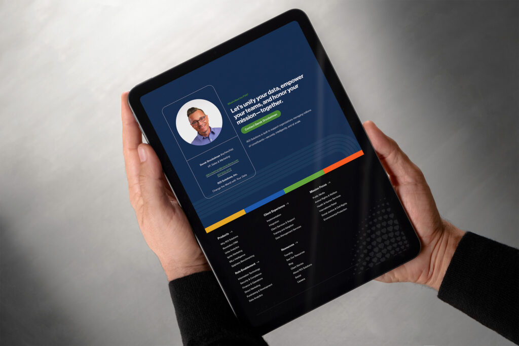 Hands hold a tablet showing a personalized sales contact page, a representative portrait beside the unify-your-data message.