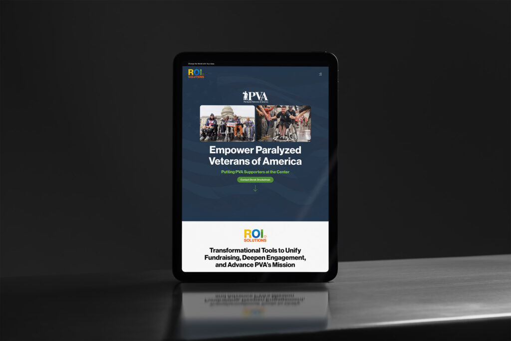 Tablet showing the personalized Paralyzed Veterans of America RFP landing page, supporter photos above the transformational tools banner.