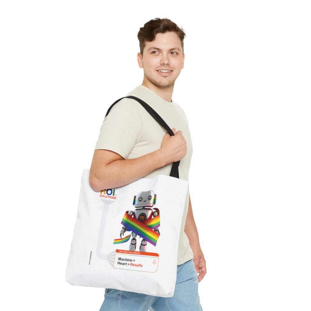 Model carries the tote printed with the MiLo robot wrapped in a rainbow ribbon above the results line.