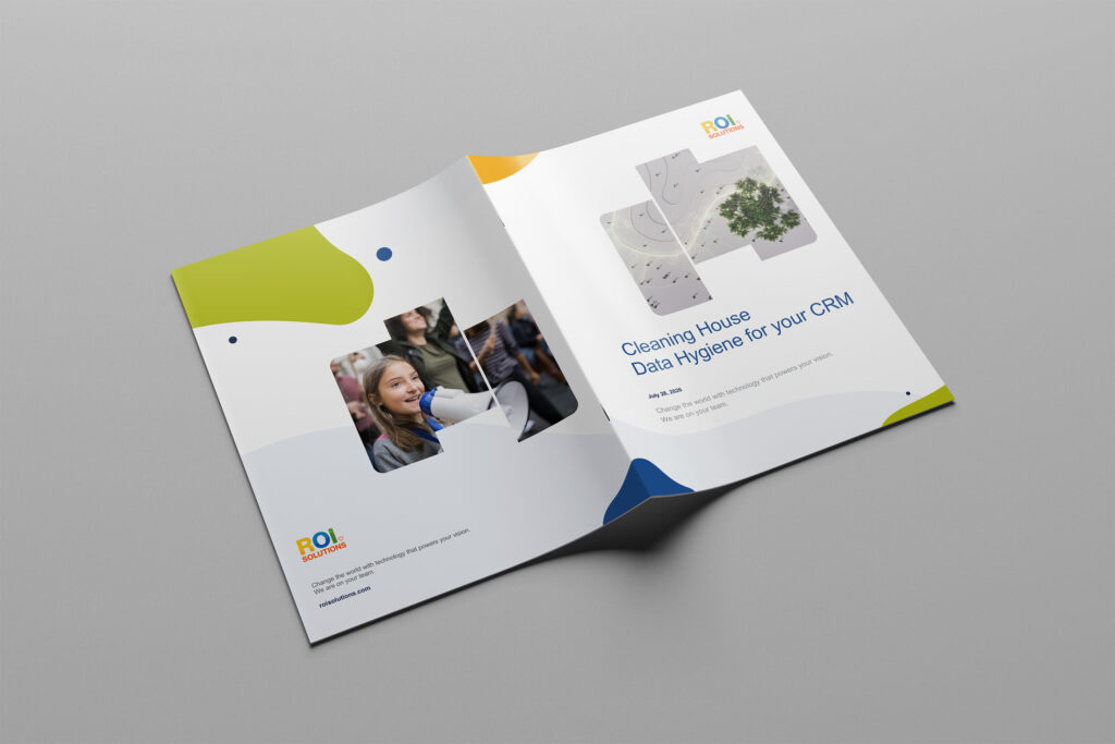 Open view of the Cleaning House data hygiene white paper, cover and back with organic color shapes and photography.