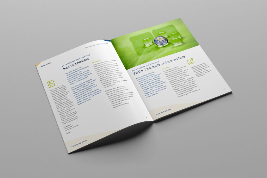 Open spread on incorrect address and incomplete data, a green page with water droplets sheltering a tiny globe.