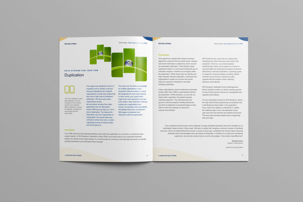 Open spread on record duplication, green photo panels stepping across the page beside the solution copy.