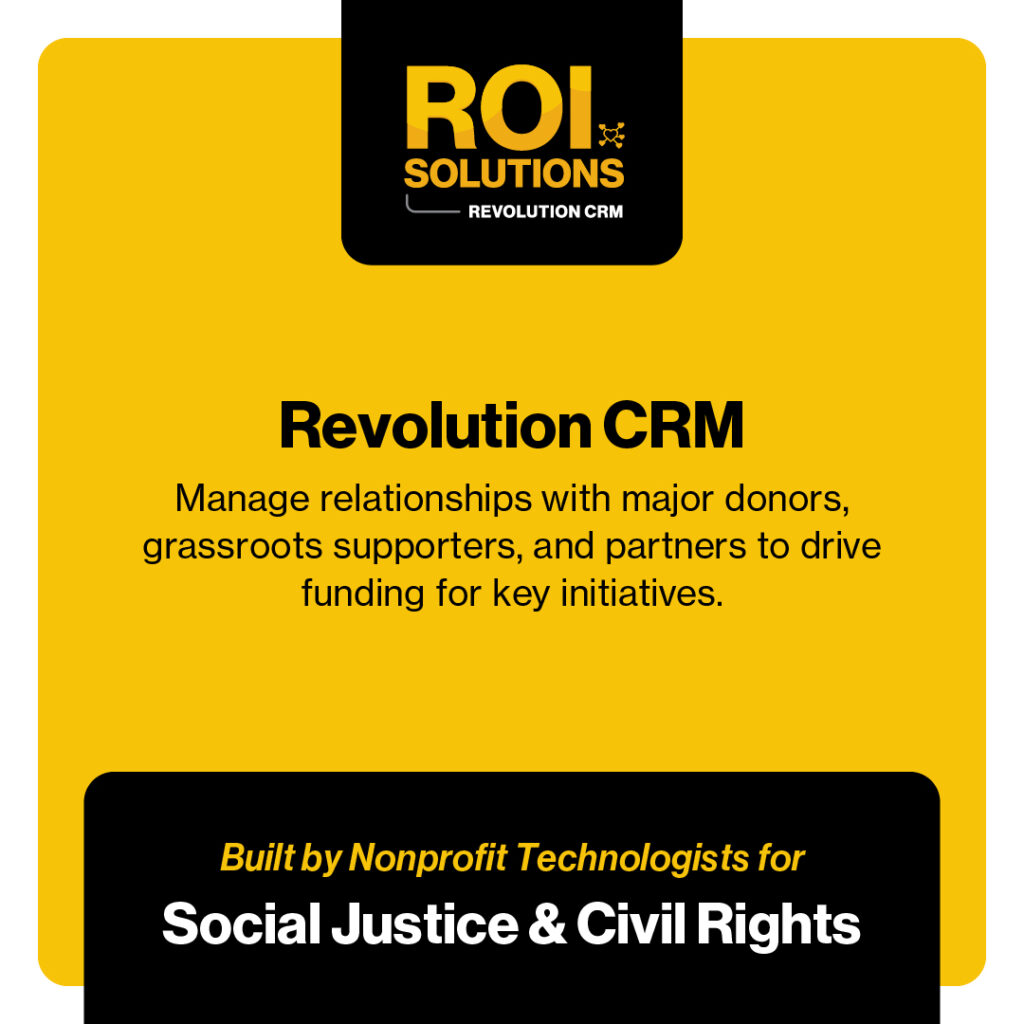Gold Revolution CRM card for social justice and civil rights, managing donors and grassroots supporters under the badge.