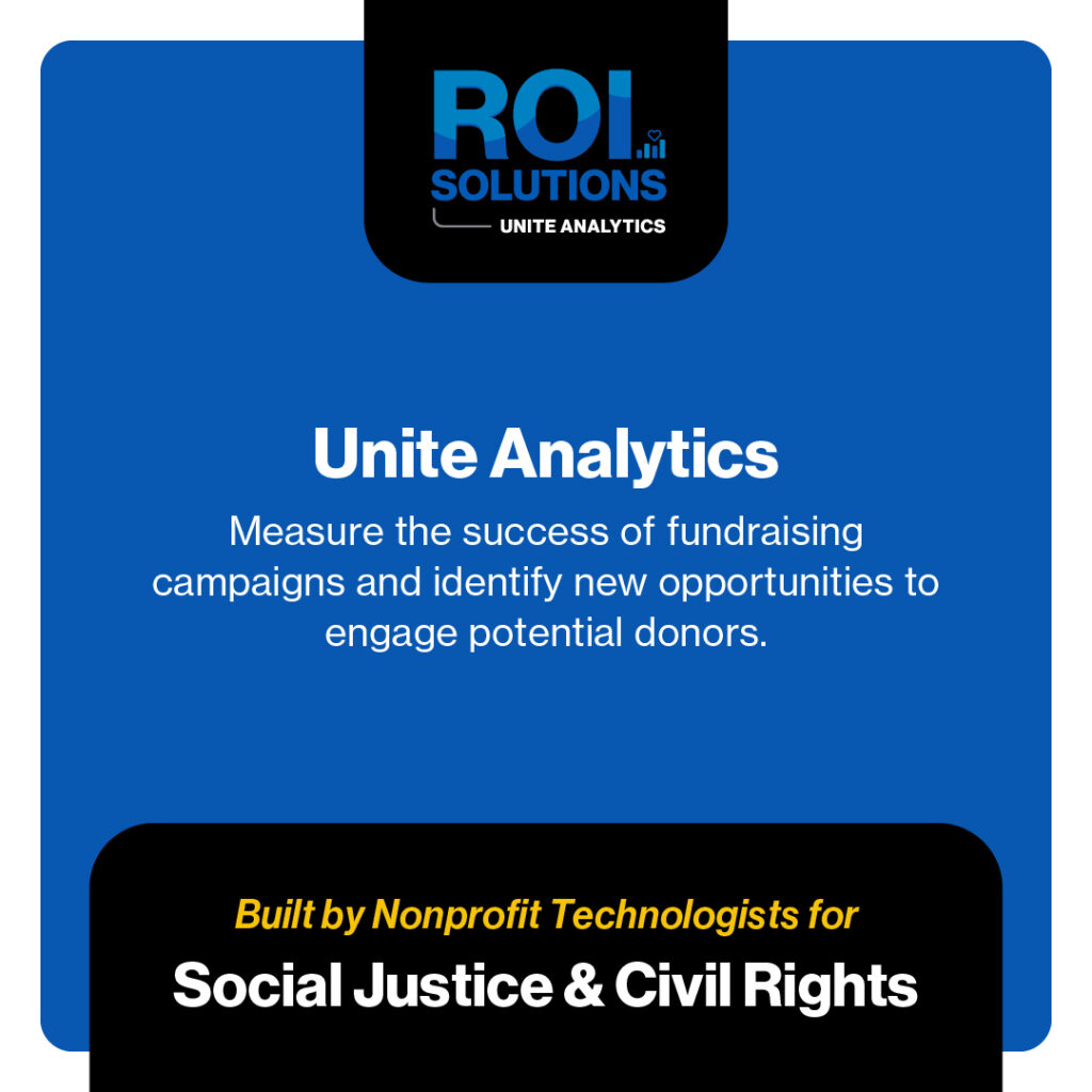 Blue Unite Analytics card for social justice and civil rights, measuring campaigns between badge and black banner.