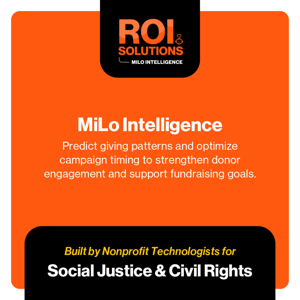 Orange MiLo Intelligence card for social justice and civil rights, predicting giving patterns above the black banner.