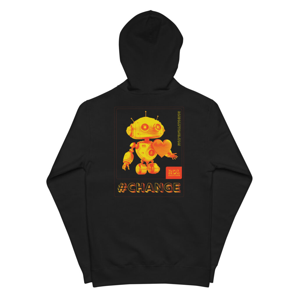 Flat back view of the black fleece zip hoodie, the gold robot panel and hashtag Change centered below the hood.
