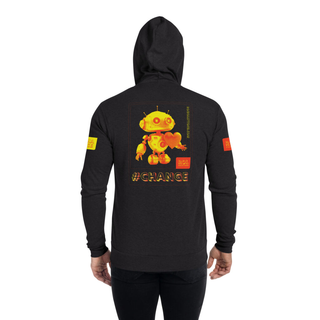Back of the charcoal triblend zip hoodie with the gold robot panel, hashtag Change, and patches on both sleeves.