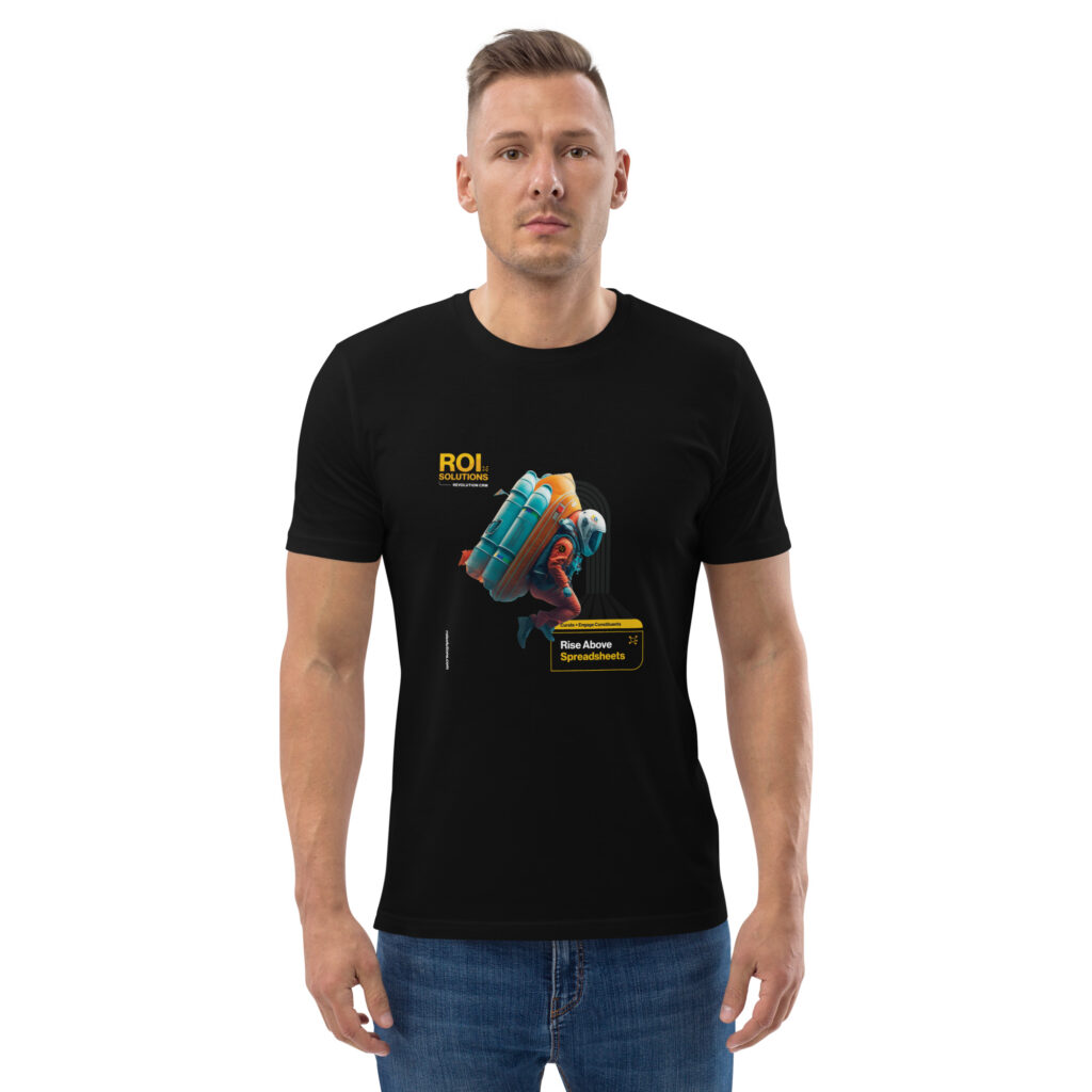 Model in the black tee printed with the rocket-pack explorer flying above the words Rise Above Spreadsheets.