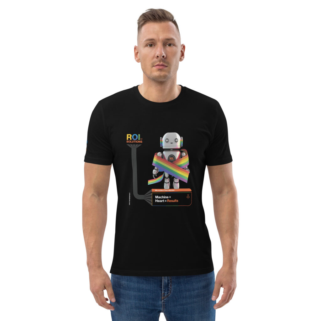 Model in the black tee printed with the rainbow-wrapped robot above Machine plus Heart equals Results.