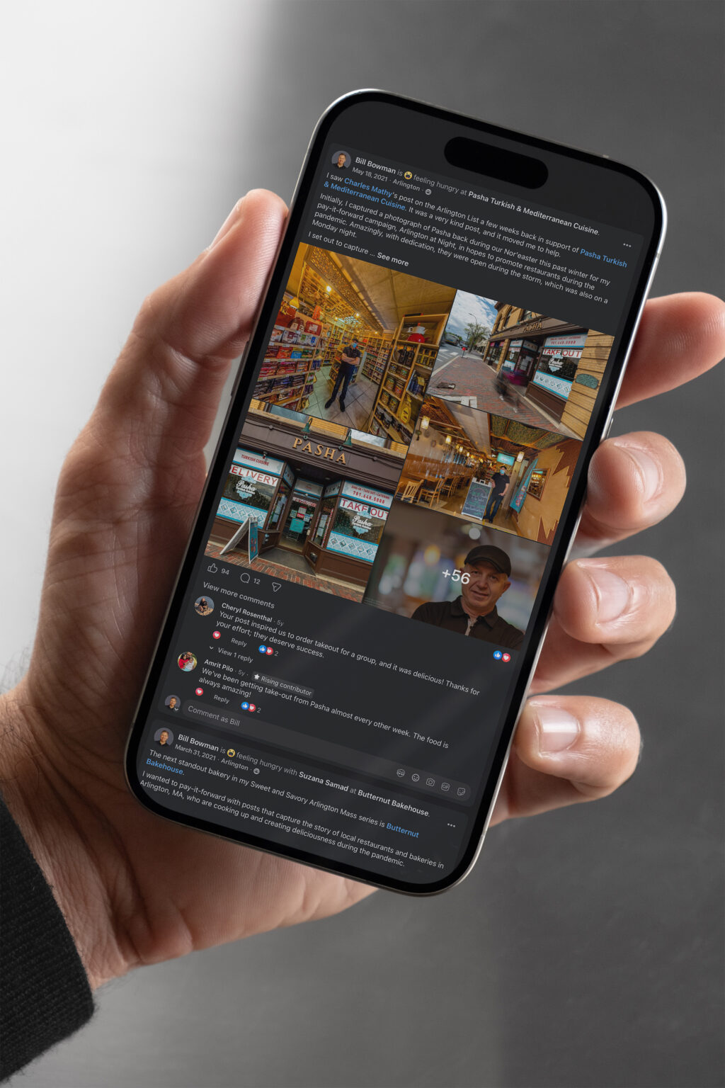 Hand holding a phone showing a Sweet and Savory Arlington post with bakery and owner photographs.