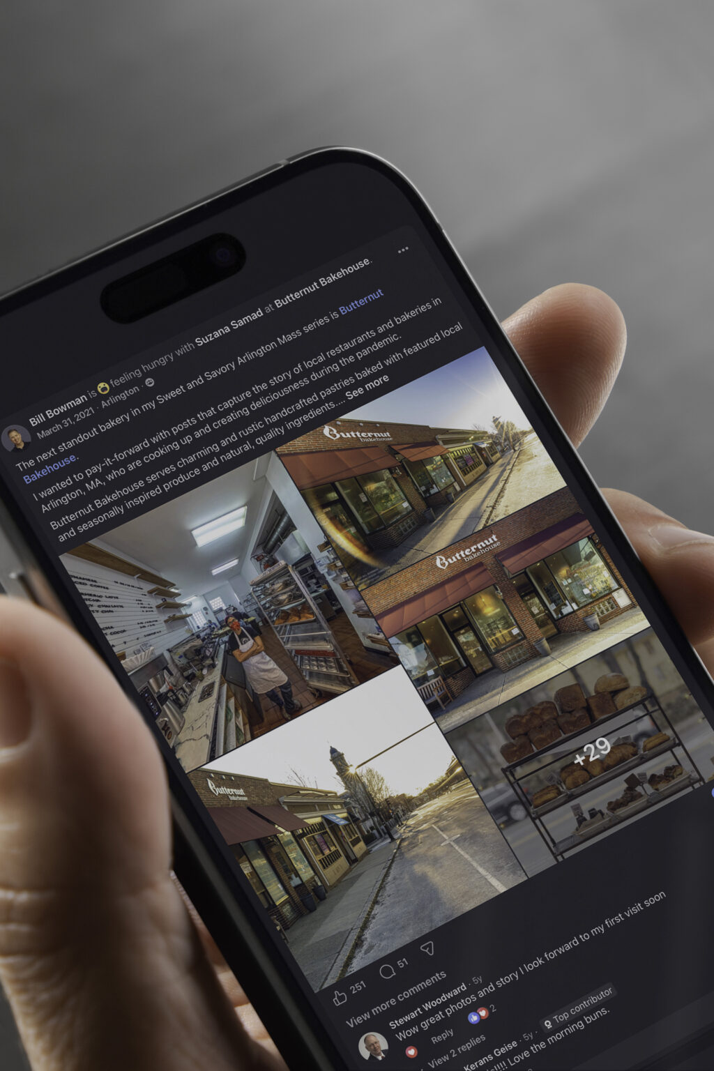 Phone screen showing an Arlington at Night post with a grid of storefront photographs.