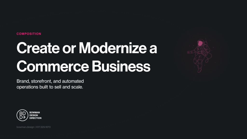Dark feature card for the Create or Modernize a Commerce Business composition, the lede Brand, storefront, and automated operations built to sell and scale, beside a magenta line-drawn astronaut drifting on the right.