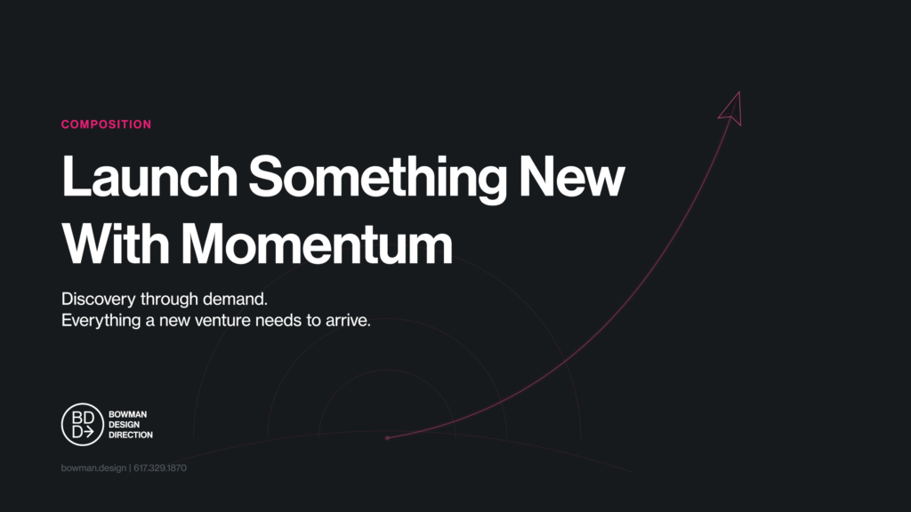 Dark feature card for the Launch Something New With Momentum composition, the lede Discovery through demand, with a magenta arrow arcing up from concentric rings.