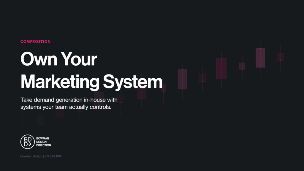 Dark feature card for the Own Your Marketing System composition, the lede Take demand generation in-house, with translucent magenta candlestick bars stepping upward across the right of the frame.