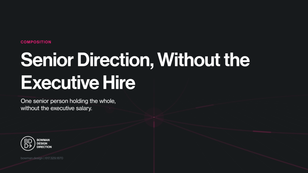 Dark feature card for the Senior Direction, Without the Executive Hire composition, the lede One senior person holding the whole, over faint magenta perspective lines meeting at a vanishing point.