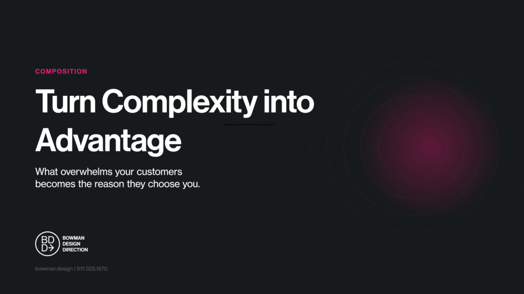 Dark feature card for the Turn Complexity into Advantage composition, the lede What overwhelms your customers becomes the reason they choose you, beside concentric rings around a glowing magenta core.