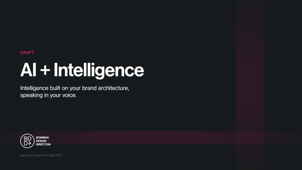 Dark feature card for the AI + Intelligence craft, the lede Intelligence built on your brand architecture, speaking in your voice, crossed by vertical and horizontal magenta bands.