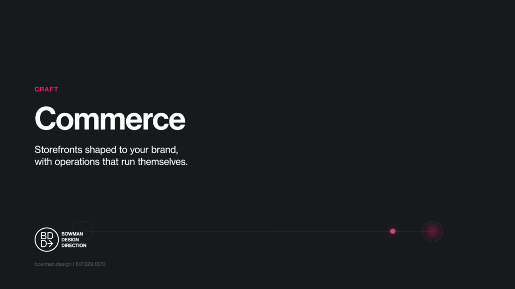 Dark feature card for the Commerce craft, the lede Storefronts shaped to your brand, with a single magenta line running from the BDD logo to a glowing endpoint node at the right.