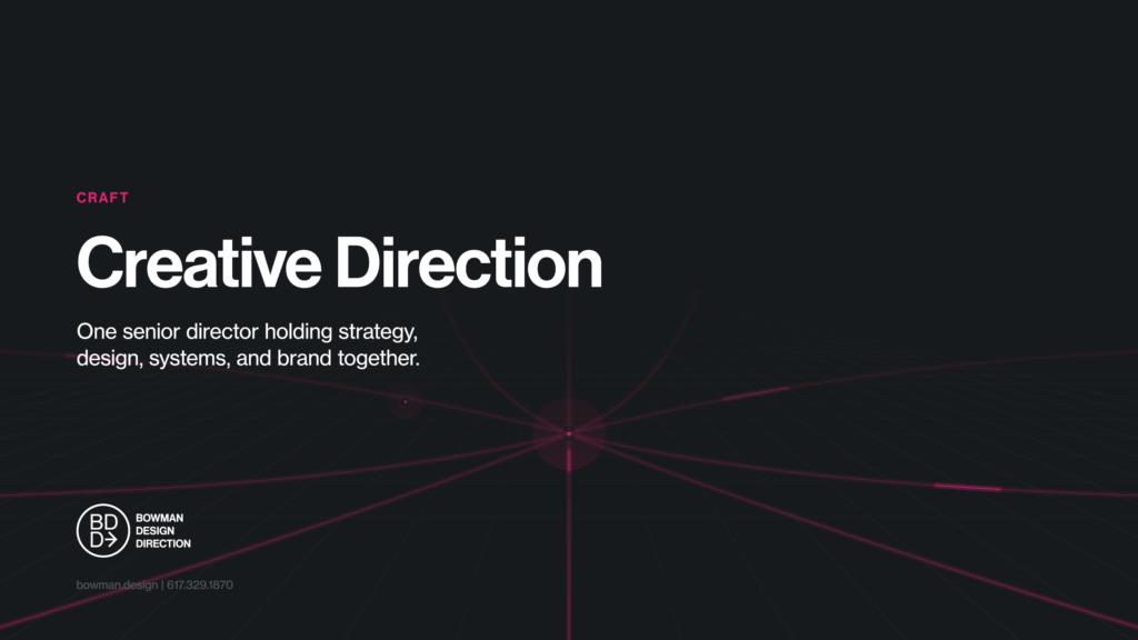 Dark feature card for the Creative Direction craft, the lede One senior director holding strategy, design, systems, and brand together, over magenta perspective lines converging on one vanishing point.