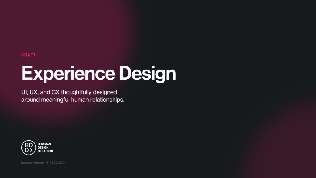 Dark feature card for the Experience Design craft, the lede UI, UX, and CX designed around meaningful human relationships, framed by soft magenta gradient blooms in opposite corners.