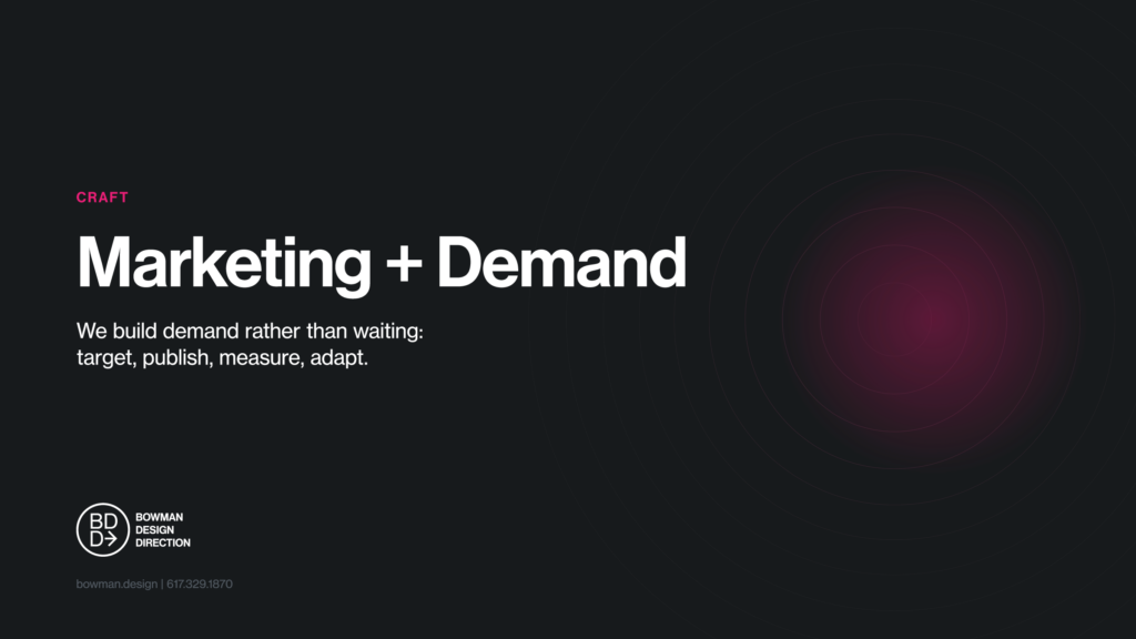 Dark feature card for the Marketing + Demand craft, the lede target, publish, measure, adapt, beside concentric rings radiating from a glowing magenta core like a target.