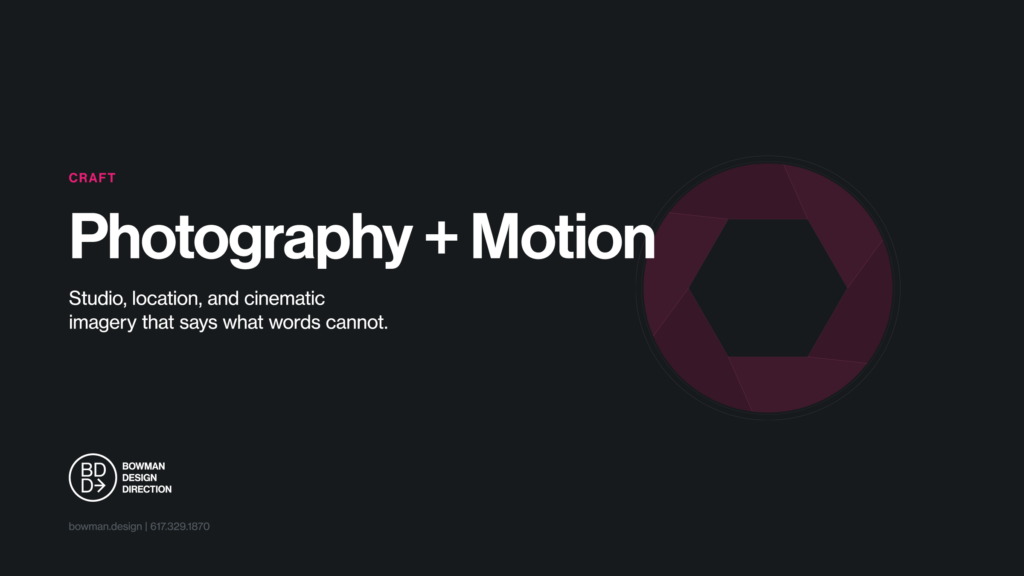 Dark feature card for the Photography + Motion craft, the lede Studio, location, and cinematic imagery, beside a magenta camera aperture iris on the right.