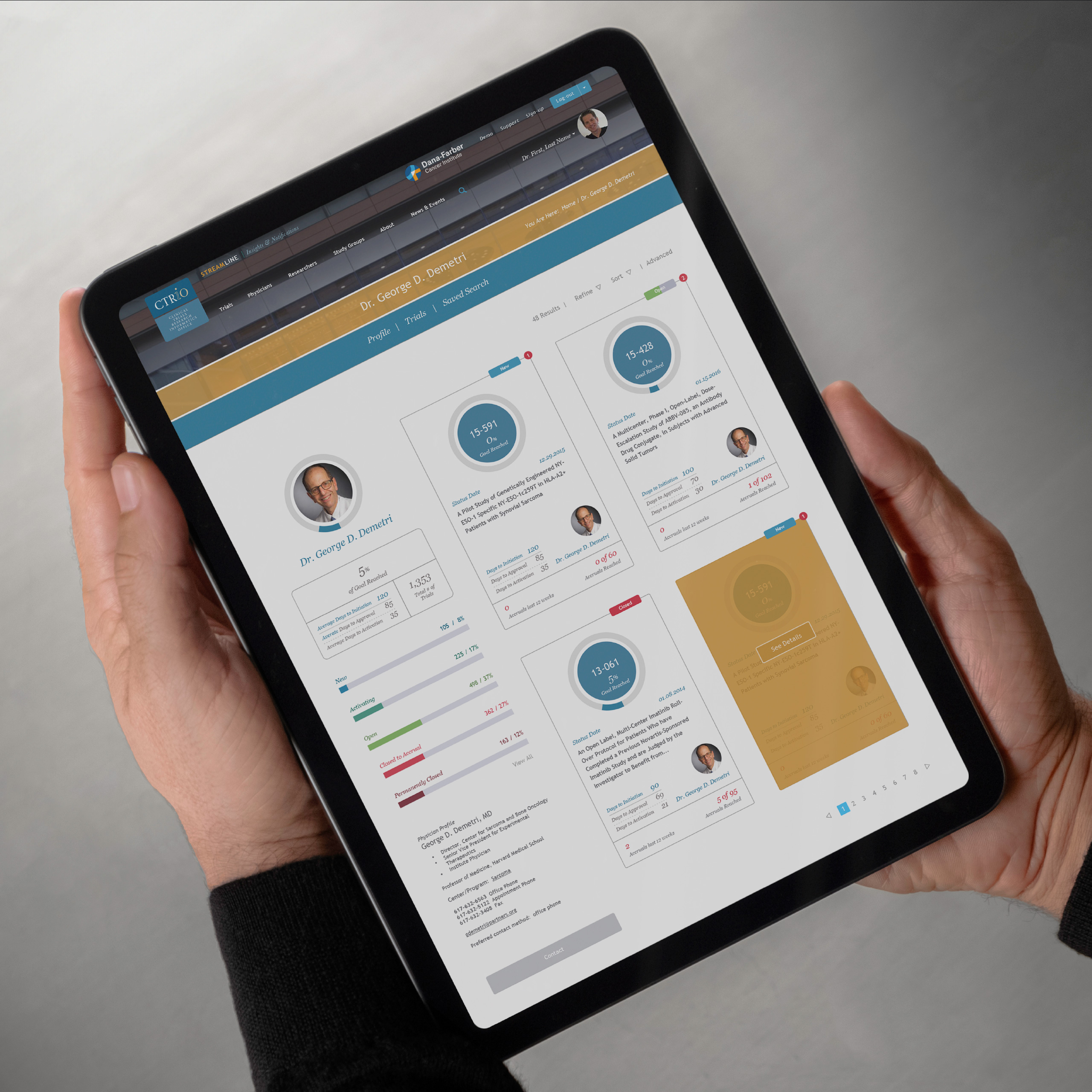 Hands holding a tablet showing the Streamline physician dashboard with trial cards, completion rings and progress bars.