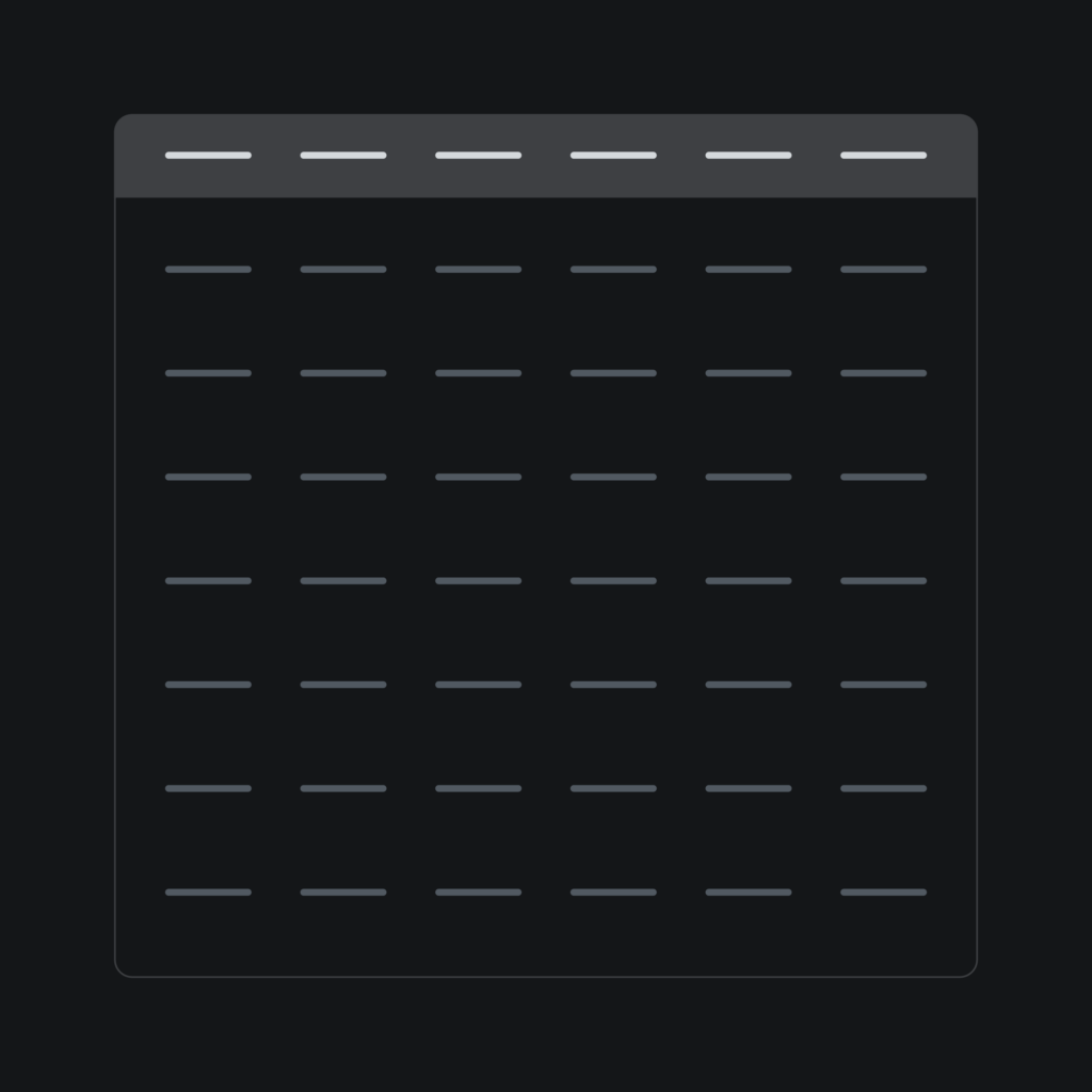 Dark screen of a plain database table, rows of unlabeled fields, representing the raw data before Streamline.