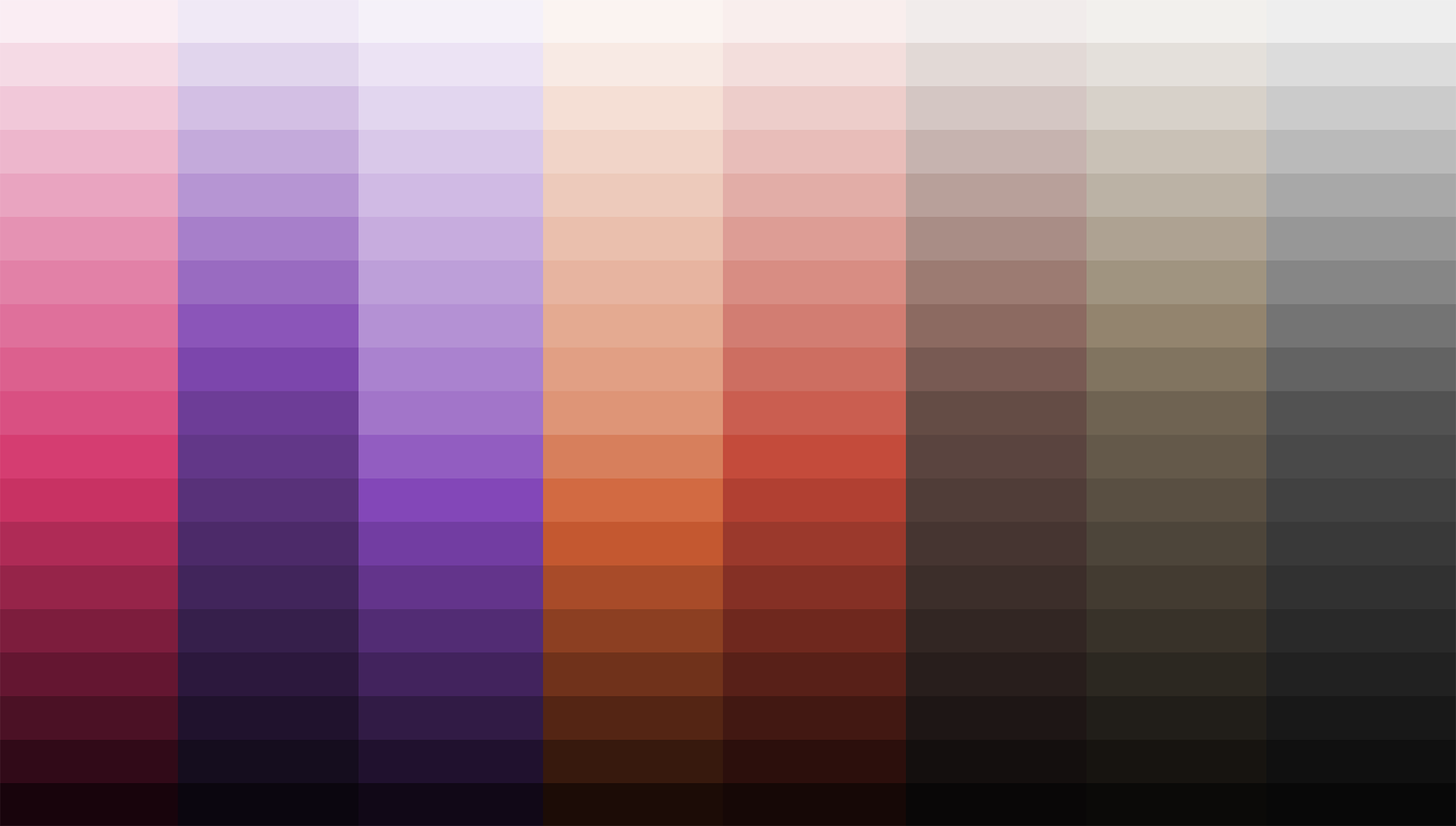 Mystic Fitness brand color system showing swatch families spanning magenta, violet, and lavender purples through orange, coral, warm taupe, and neutral gray, each with a ladder of tints and shades.